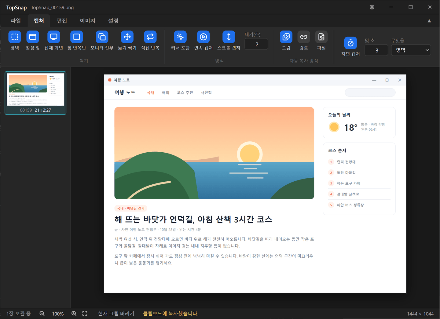 TopSnap 실행 화면 — 캡처 탭